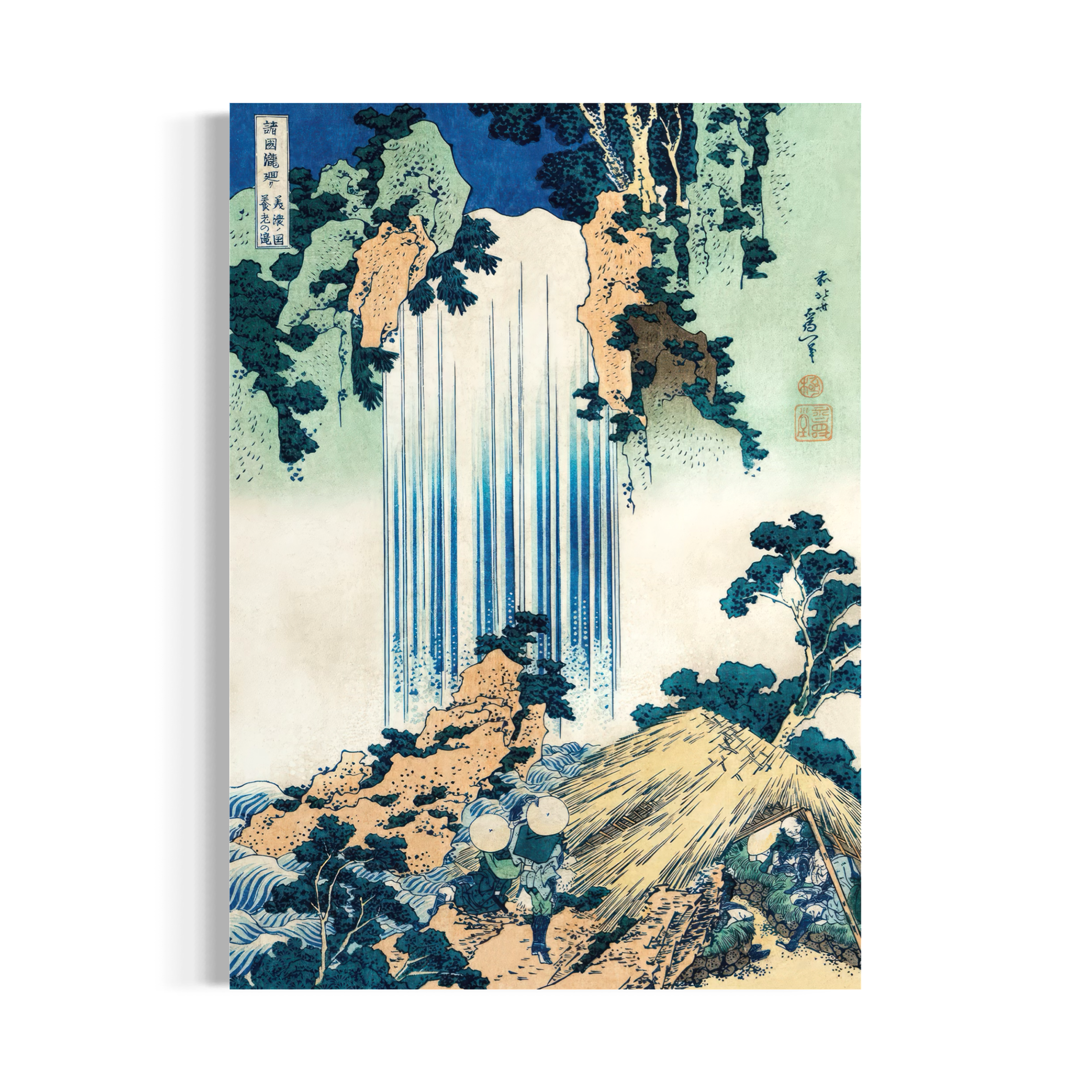 The image is a Japanese woodblock print depicting a waterfall surrounded by lush vegetation and a hut.
