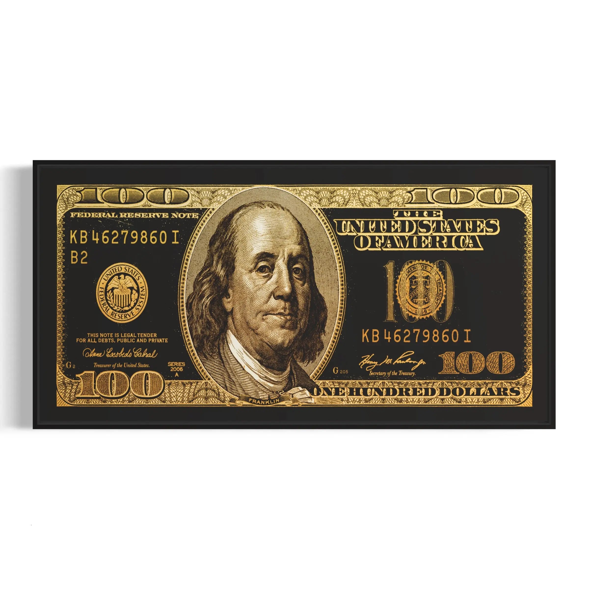 a black and gold dollar bill with a picture of a man's face on