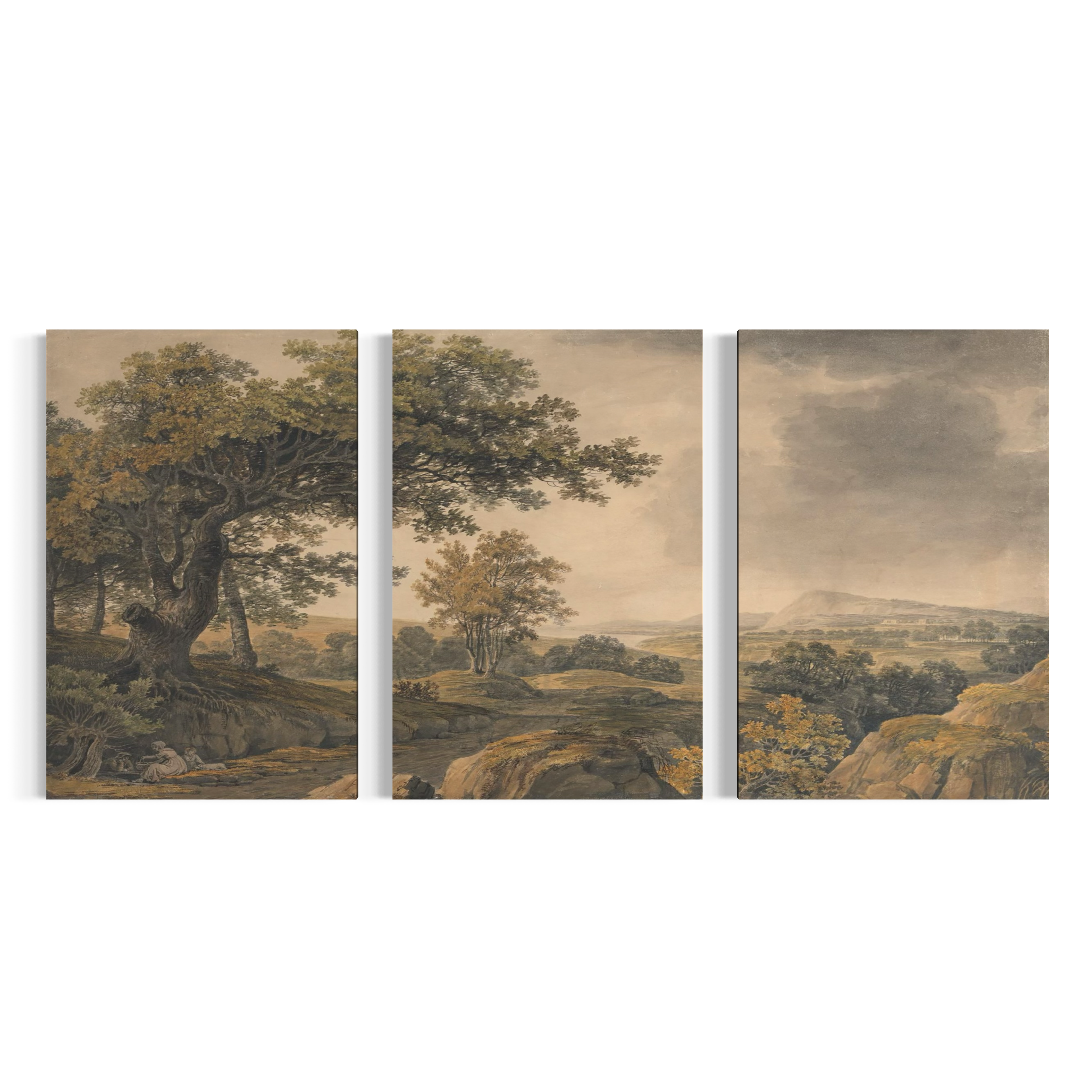The image is a triptych of landscape paintings depicting a serene countryside scene with trees, hills, and a body of water.