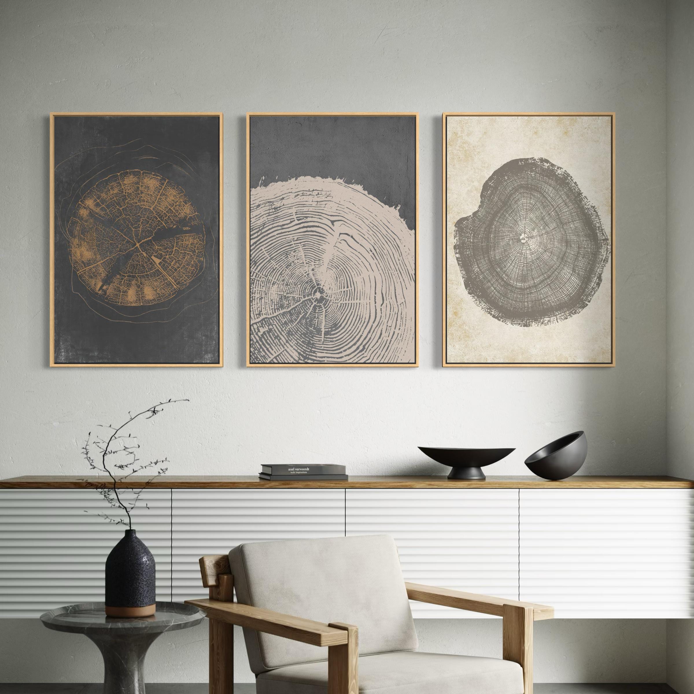 Set of 3 Canvas | Poster Prints Pastel Grunge Wood Tree Rings | Minimalist Modern Boho Art