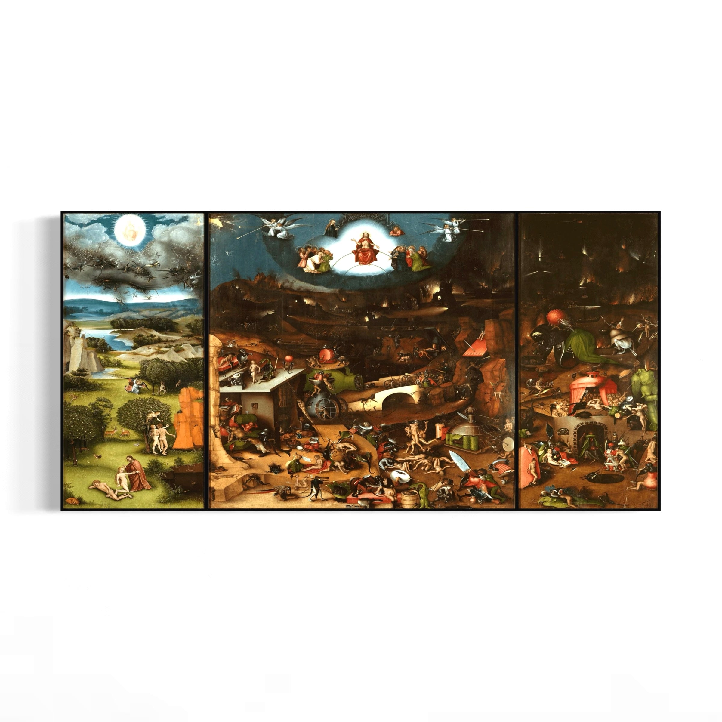 The image is a triptych painting depicting a chaotic and fantastical scene with various elements, including people, animals, and fantastical creatures.