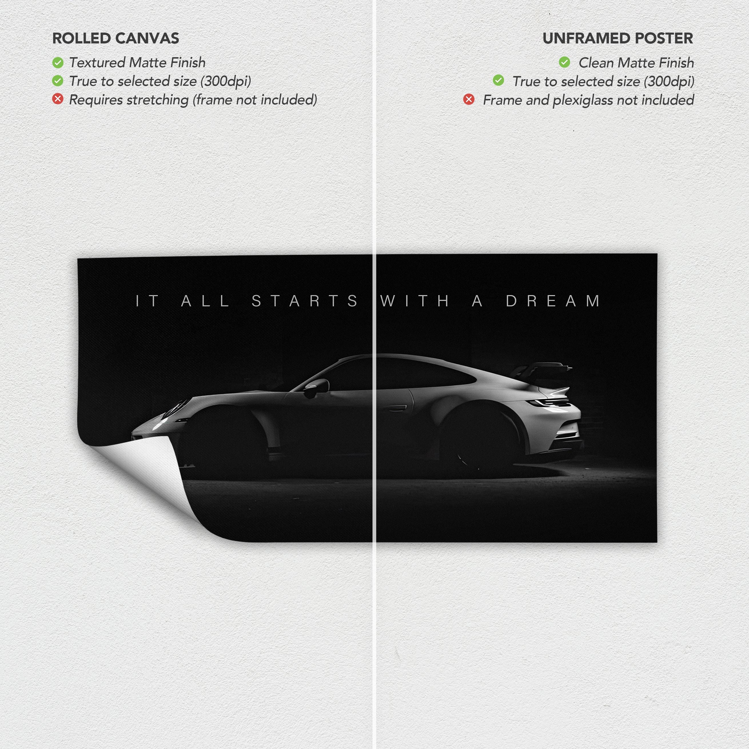 Porsche 911 GT3 | It All Starts With a Dream Motivational Quote Canvas Art | Poster Print