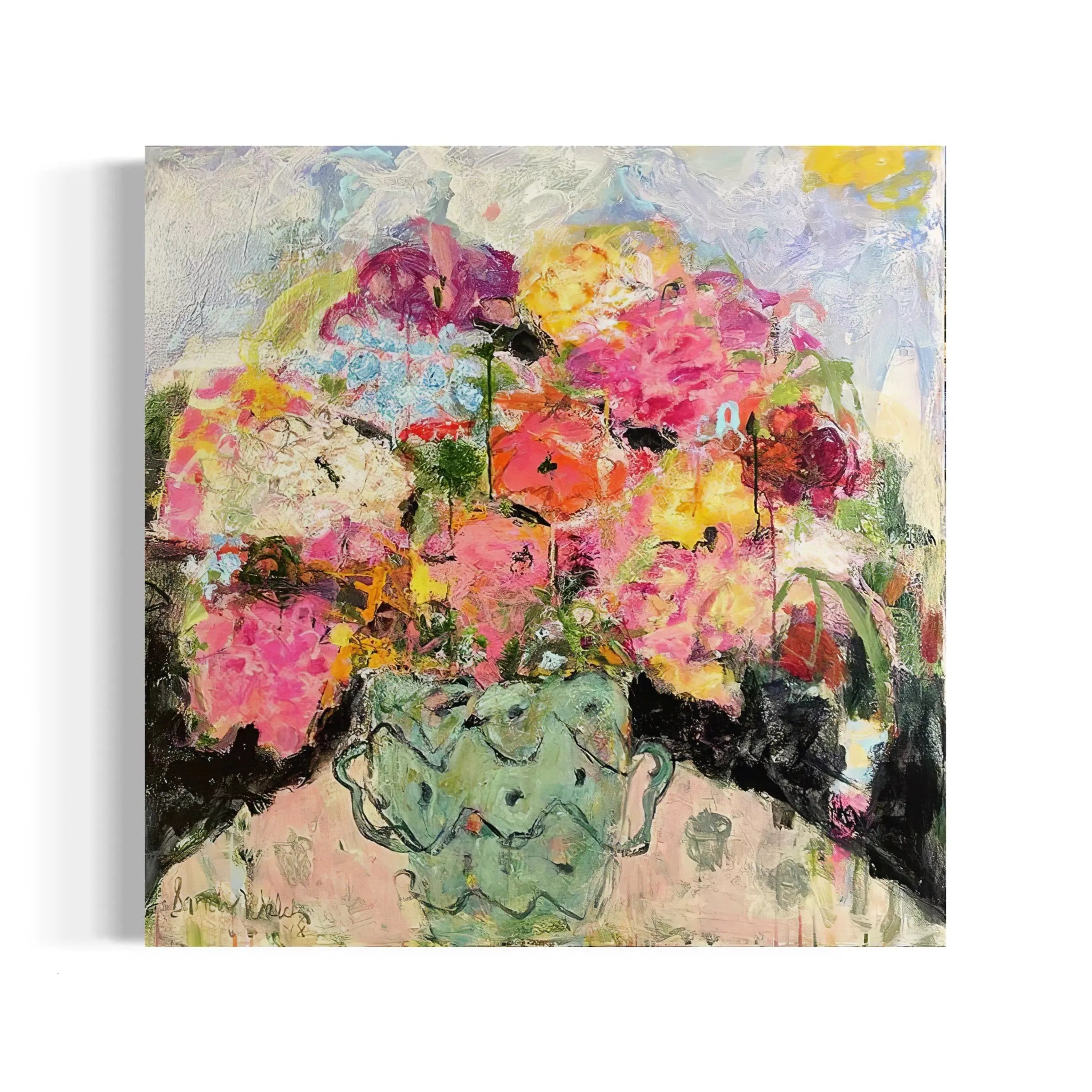 a painting of flowers in a vase on a table