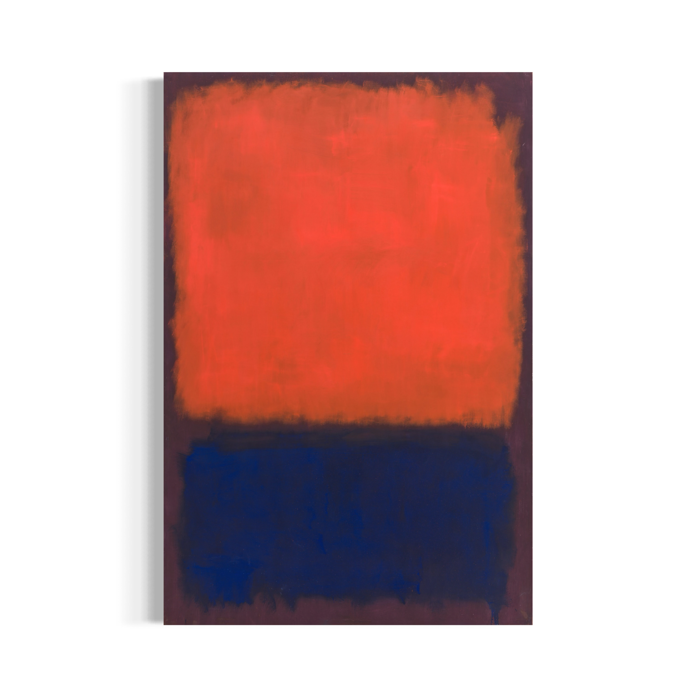 The image is a square canvas with a bold, abstract painting in red and blue colors.