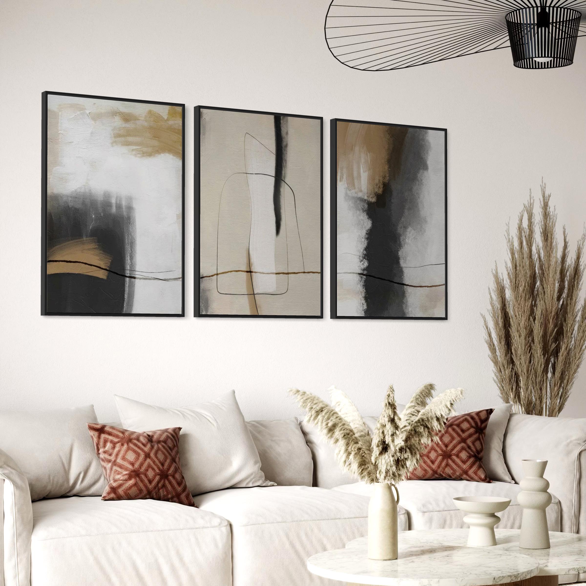 Set of 3 Abstract Canvas Wall Art | Grunge Poster Prints Stroke Effect Tan Gray Neutral Organic