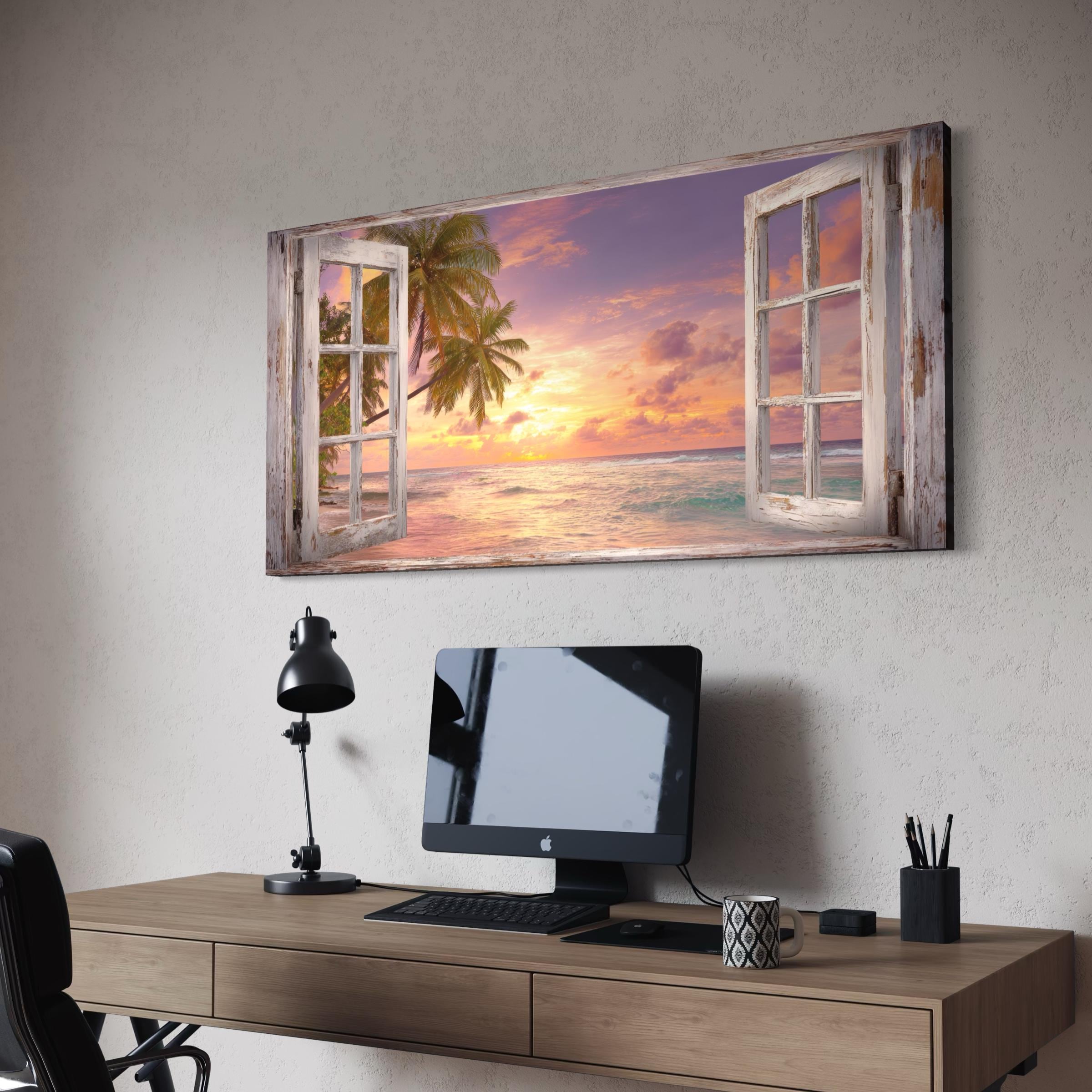 Window View Wall Art Canvas Poster Print | Tropical Beach Sunset | Palm Tree Coastal Art