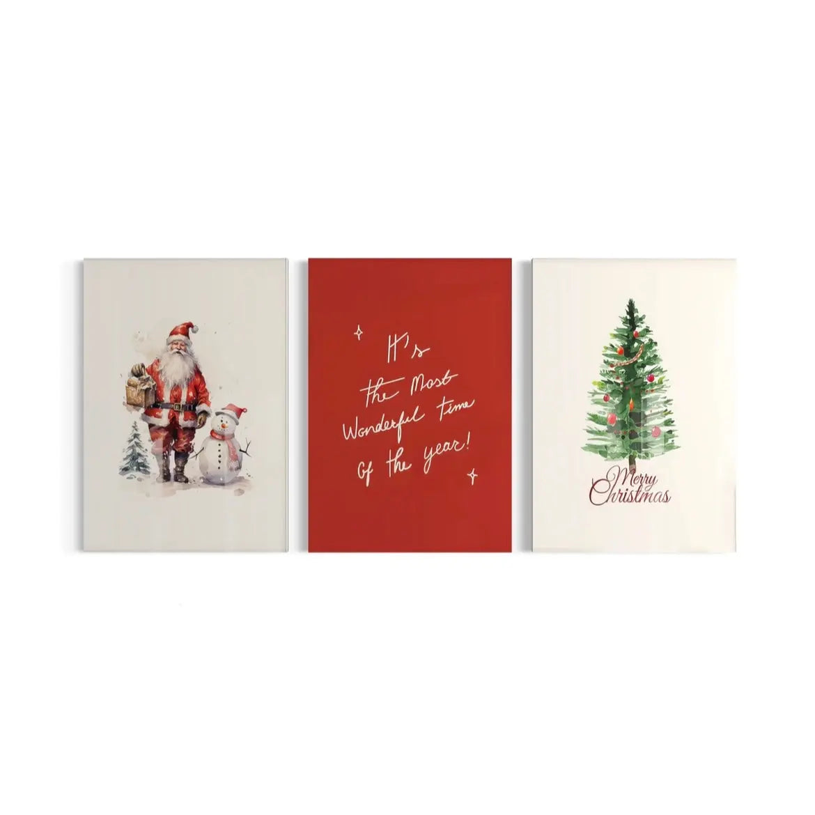 three christmas cards with a santa clause and a christmas tree