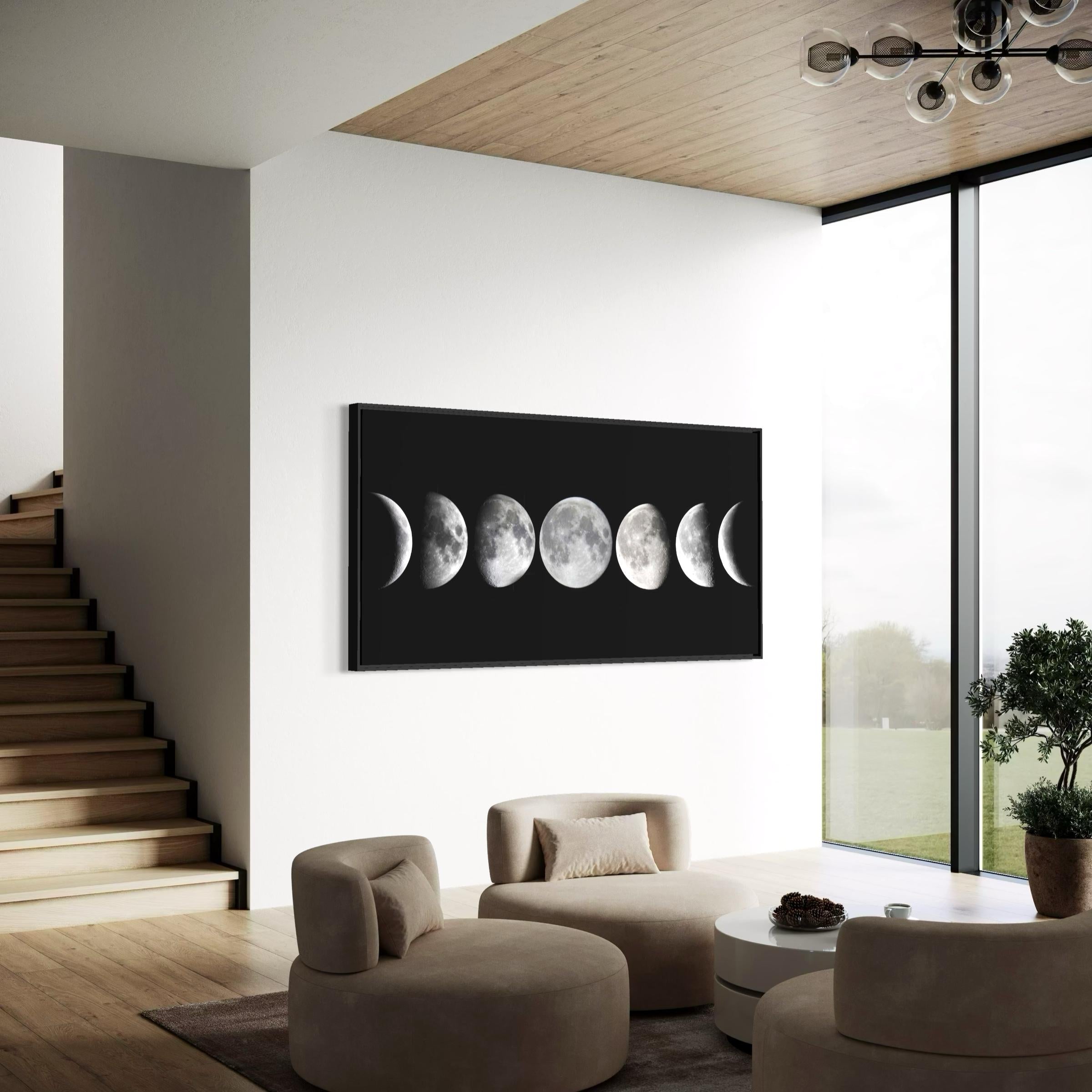 Lunar Phases Cycle | Black Minimalist Moon Astronomy Wall Art Canvas | Space Art Poster Print