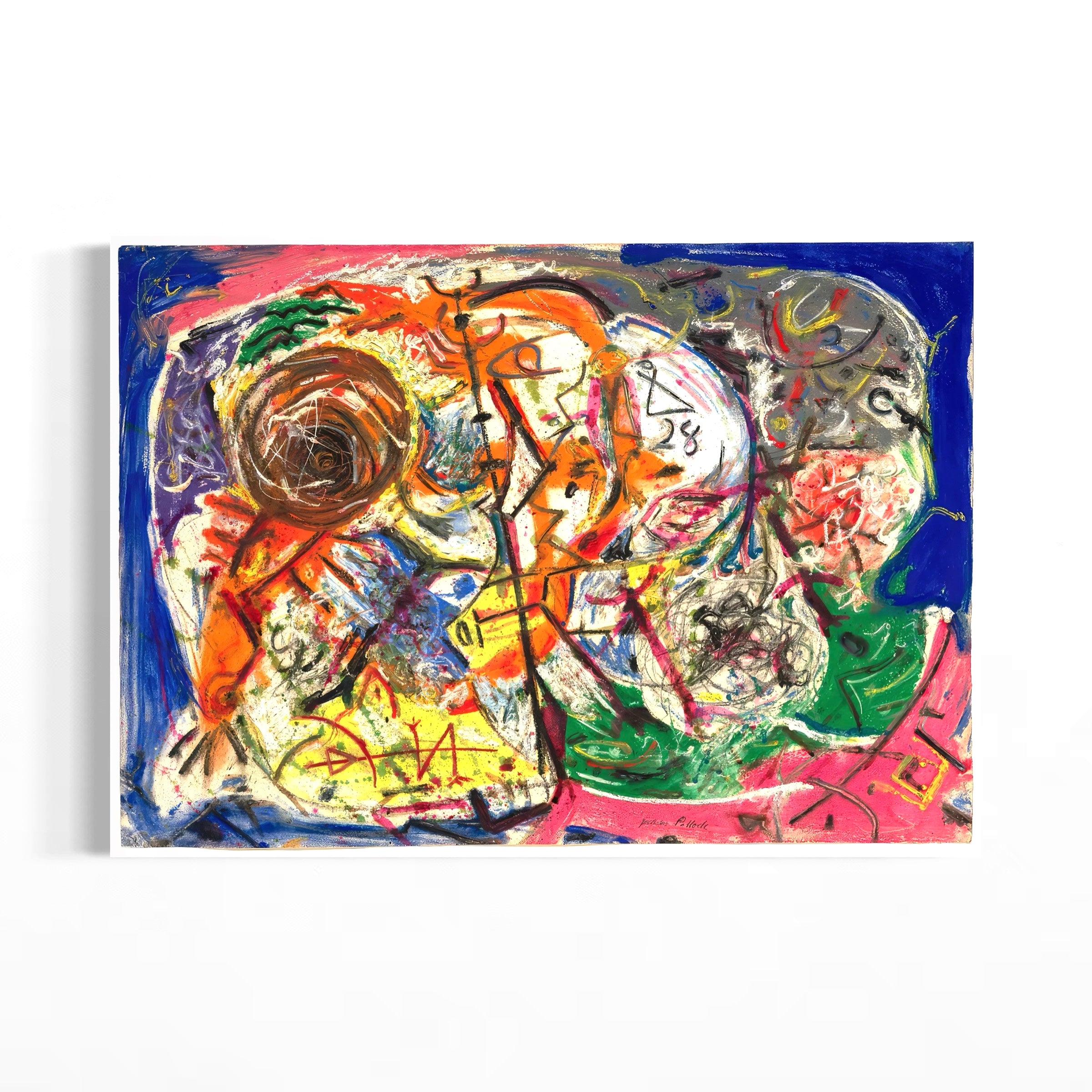 The image is an abstract painting with a vibrant mix of colors, shapes, and textures. The painting appears to be a collage of various elements, creating a dynamic and visually engaging composition.