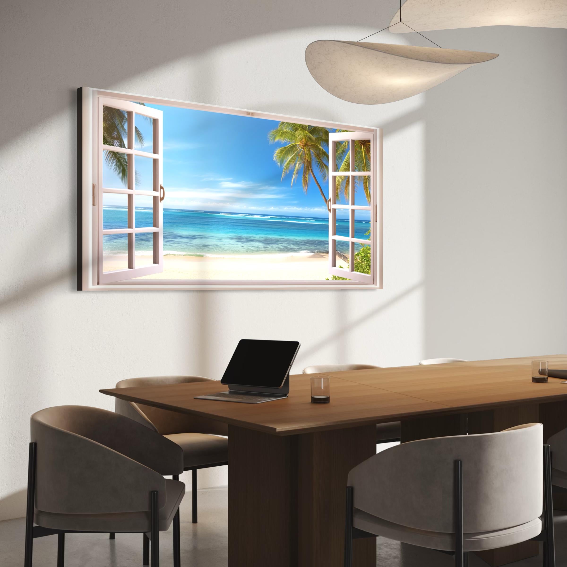 Beach Window View Tropical Ocean Palm Trees | Coastal Landscape Wall Art Canvas | Poster Print