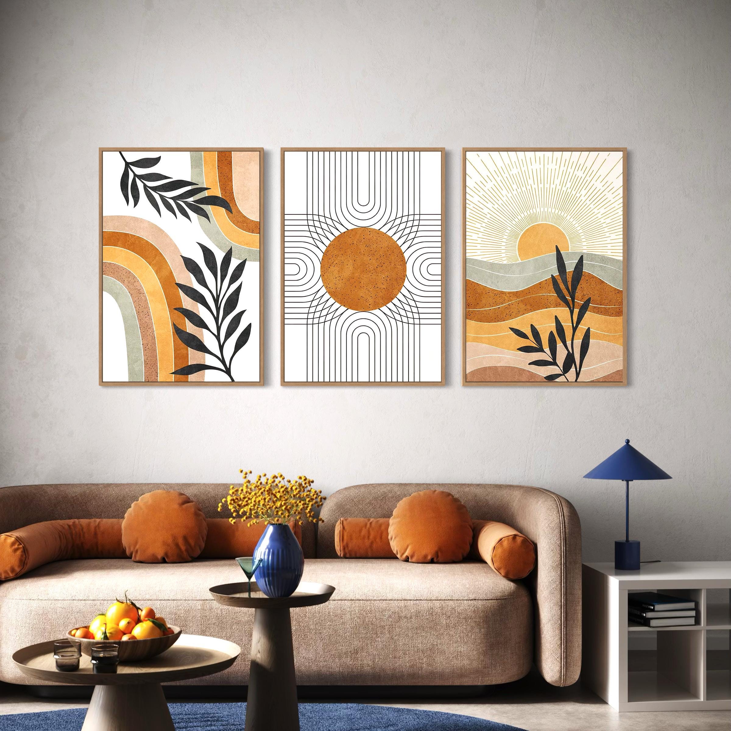 Poster Wall Art Set of 3 Prints | Geometric Sun Desert Plants Canvas | Mid Century Modern Boho