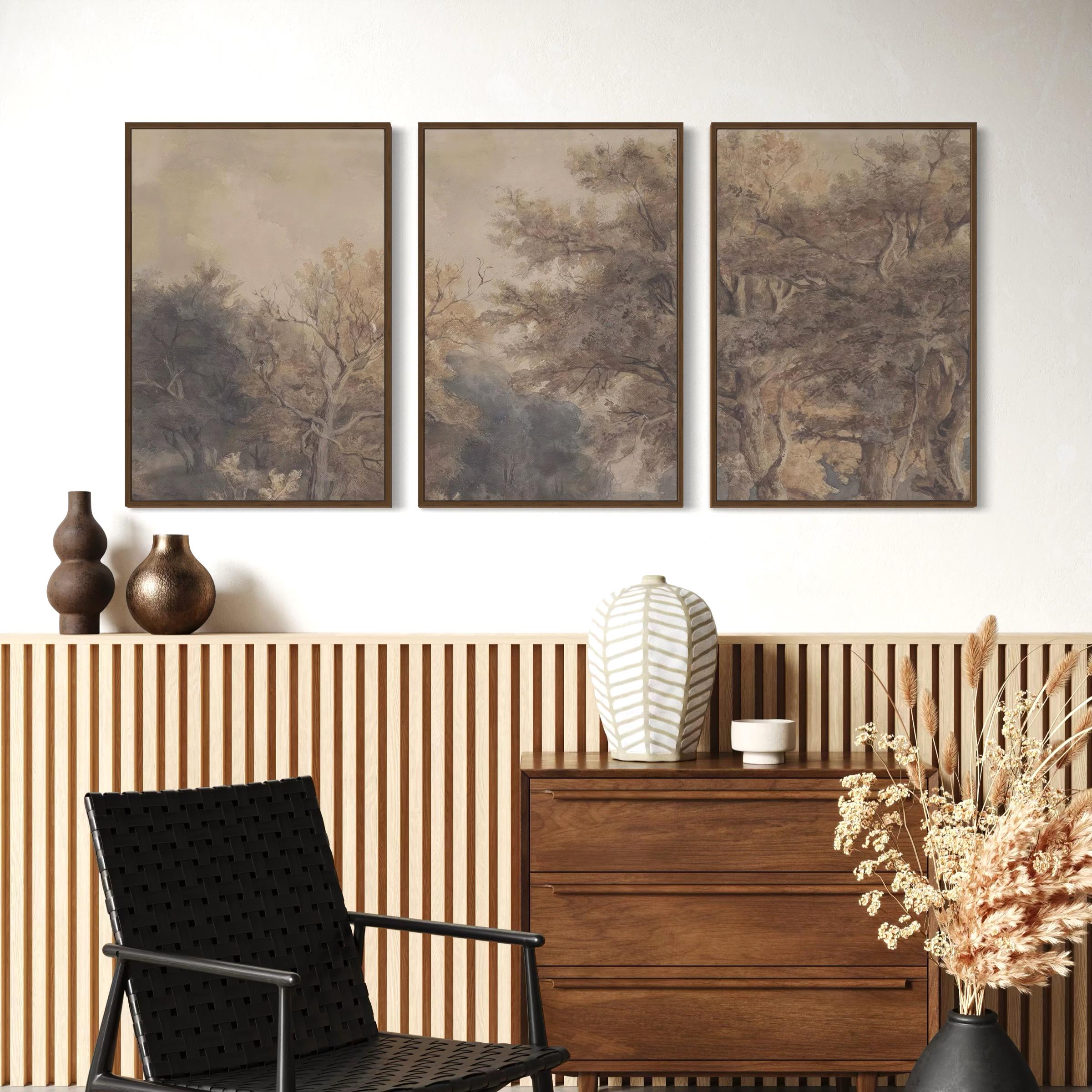 Vintage Forest Wall Art Set of 3 Landscape Canvas Prints | Neutral Woodland Triptych Poster