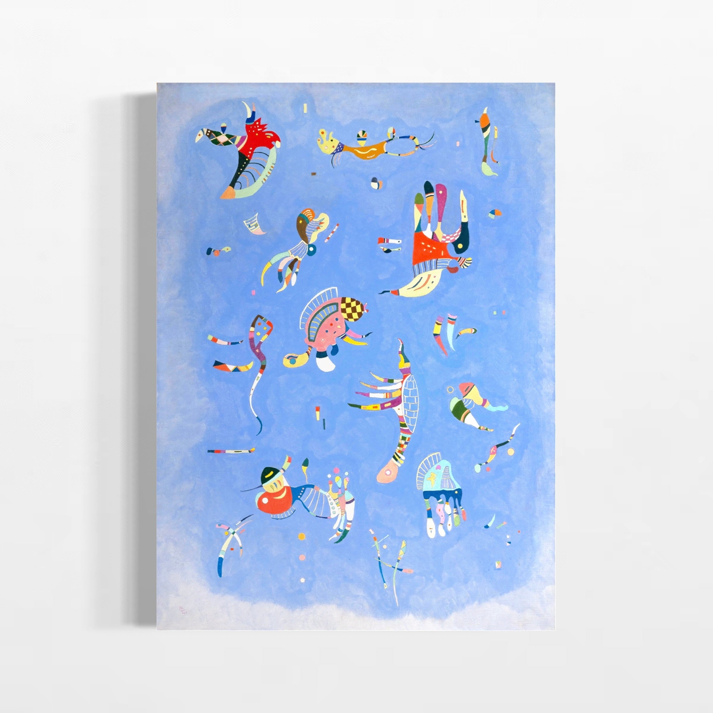 The image is a vibrant and colorful abstract painting featuring various shapes, patterns, and figures in a variety of bright colors, including red, blue, yellow, green, and orange.