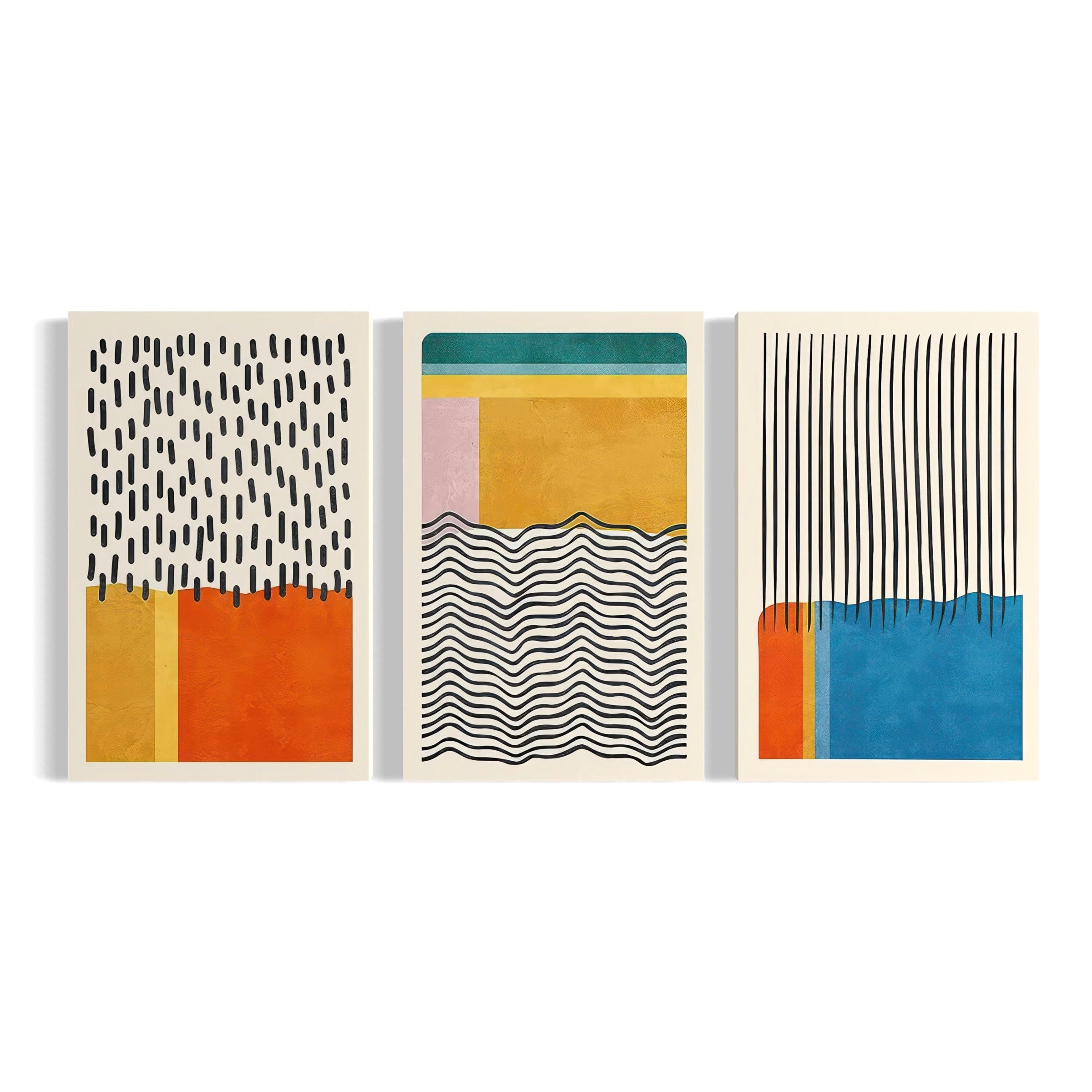 three abstract artworks displayed in a row, each with a unique color scheme and design.