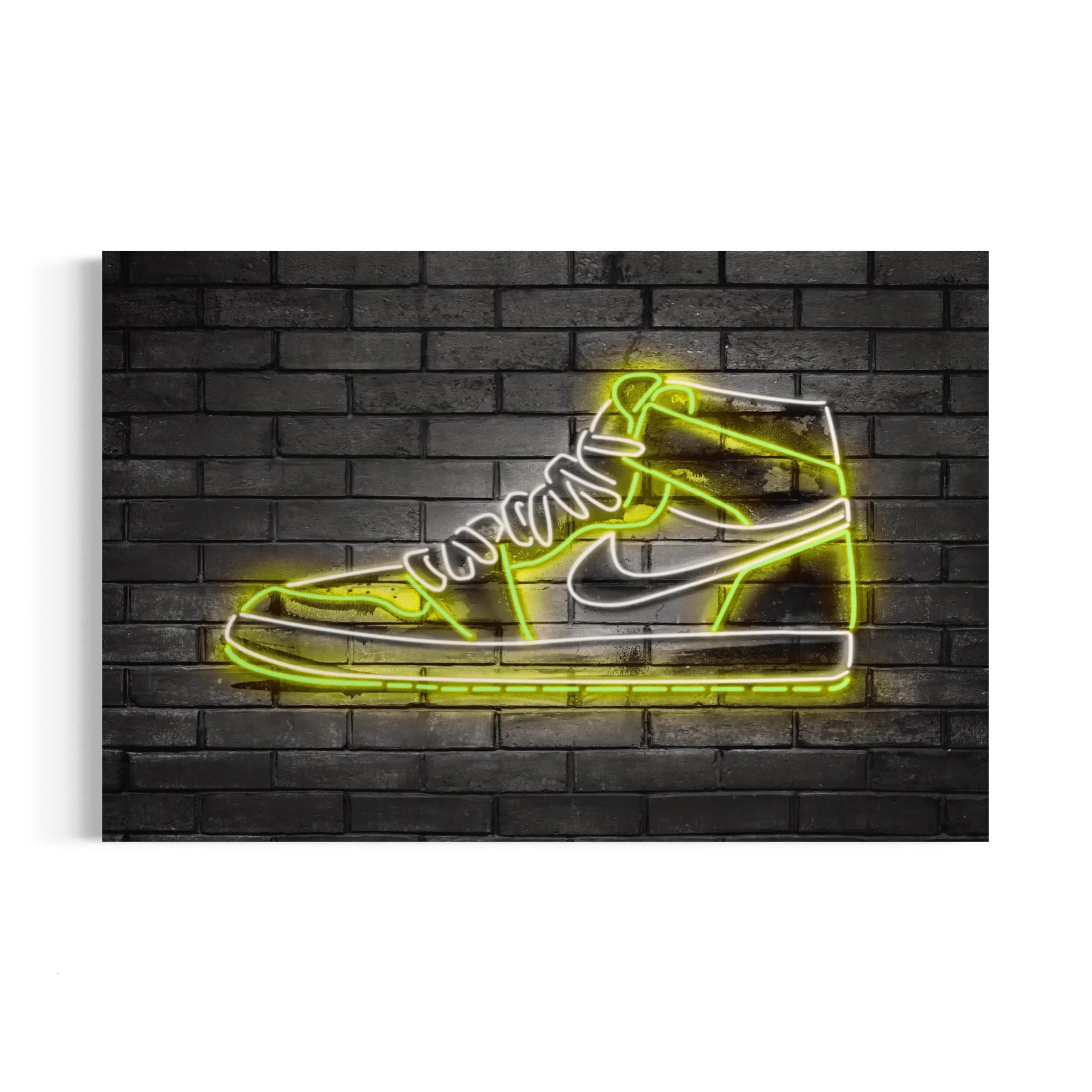 a neon nike shoe on a brick wall