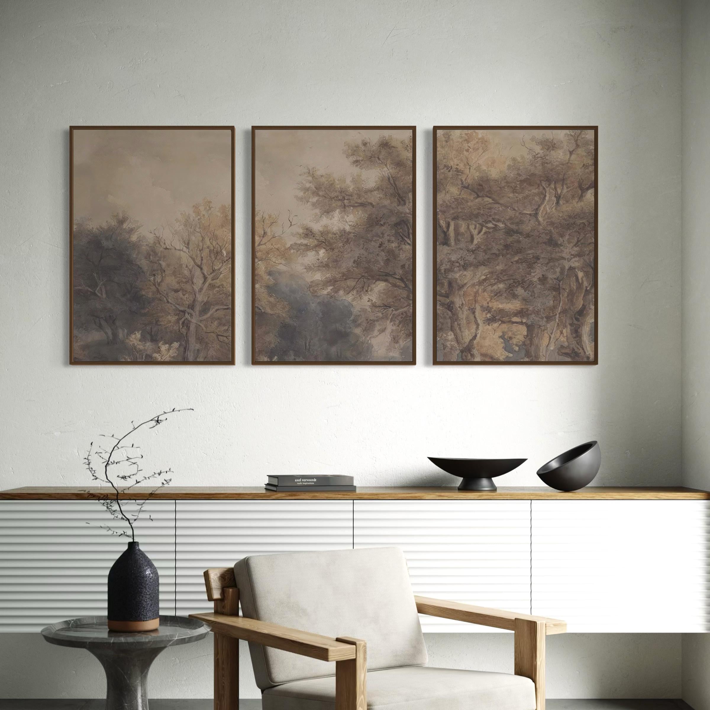 Vintage Forest Wall Art Set of 3 Landscape Canvas Prints | Neutral Woodland Triptych Poster