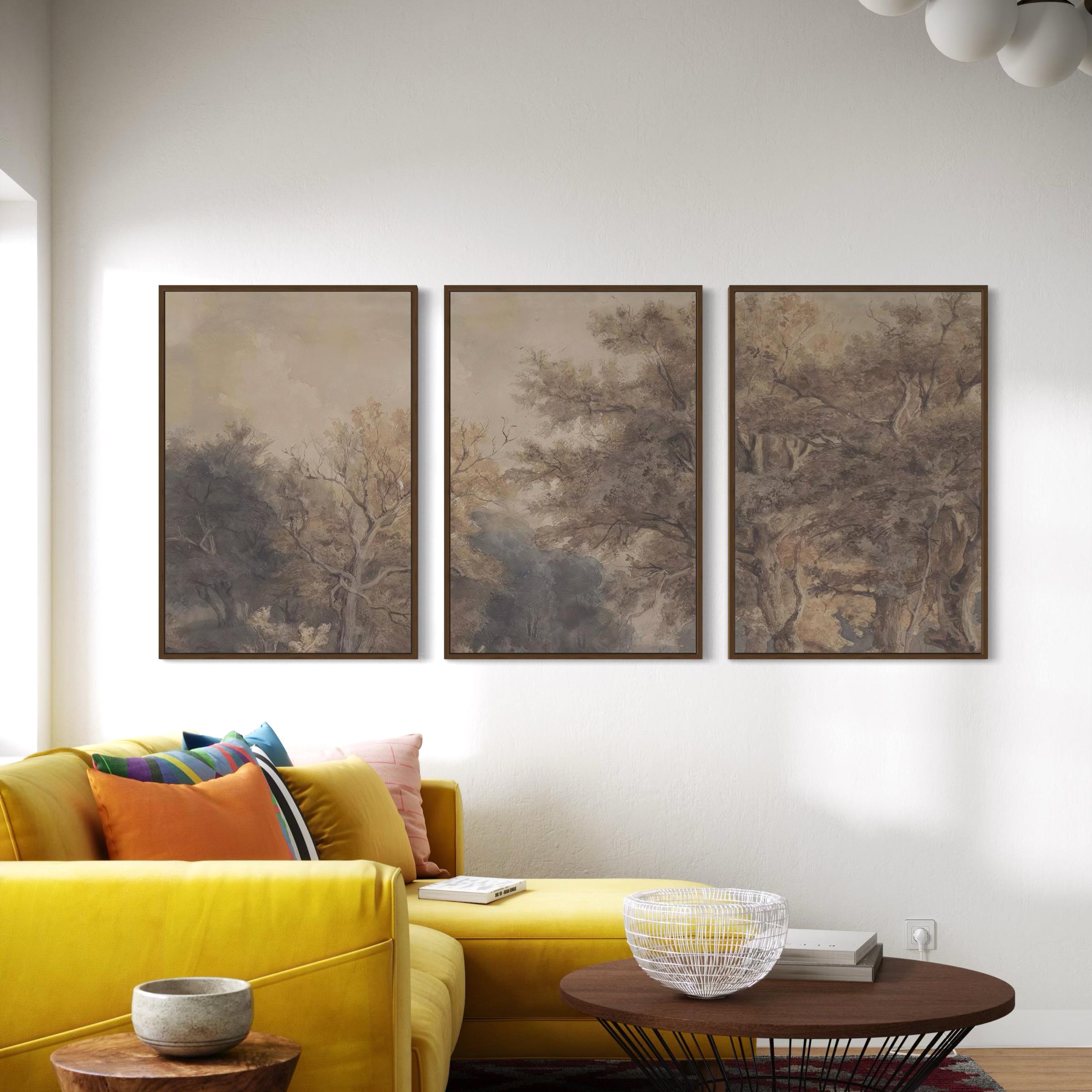 Vintage Forest Wall Art Set of 3 Landscape Canvas Prints | Neutral Woodland Triptych Poster