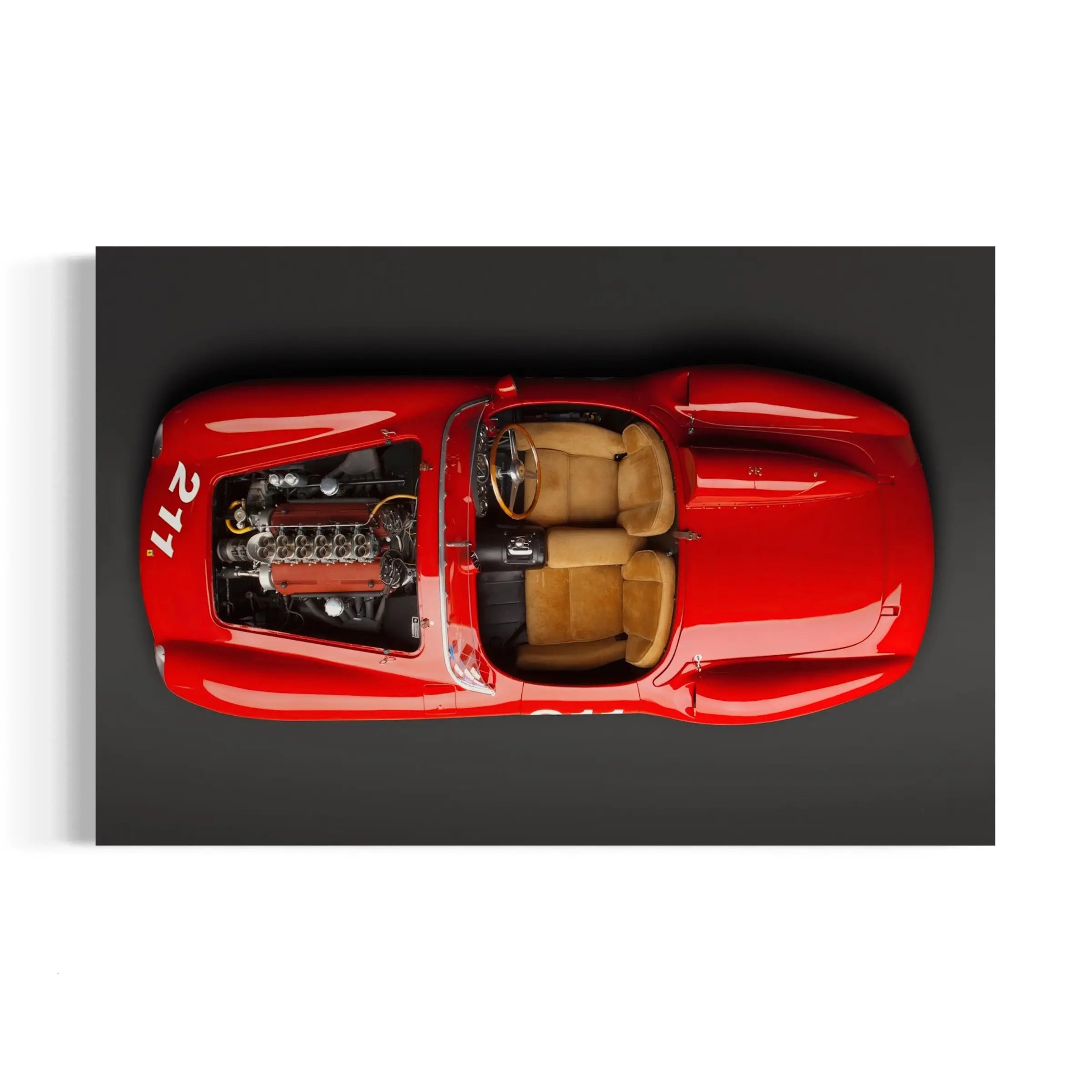 an overhead view of a red sports car