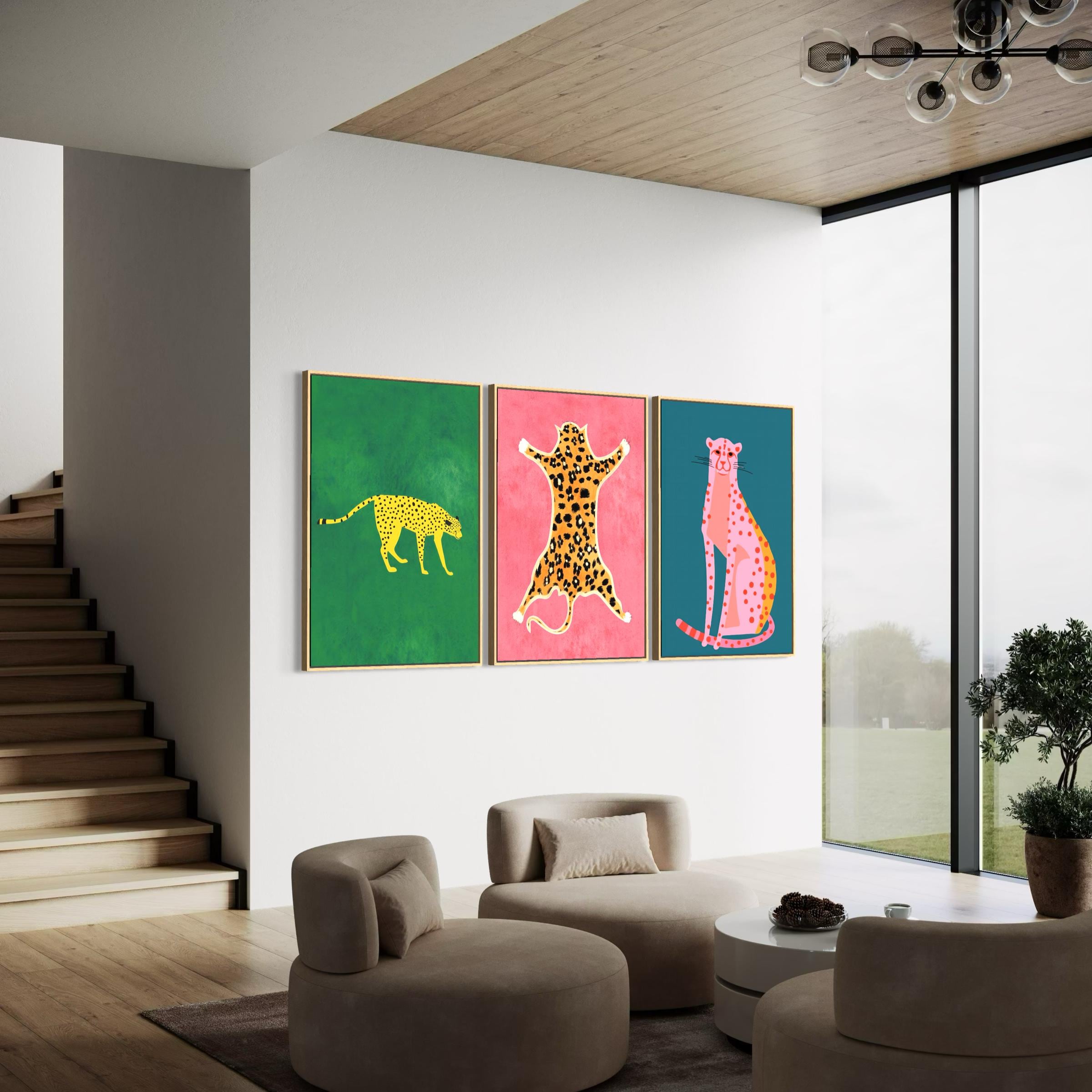 May include: Three framed art prints featuring cheetah designs. The first print has a yellow cheetah on a green background. The second print has a cheetah skin design on a pink background. The third print has a pink cheetah on a teal background.