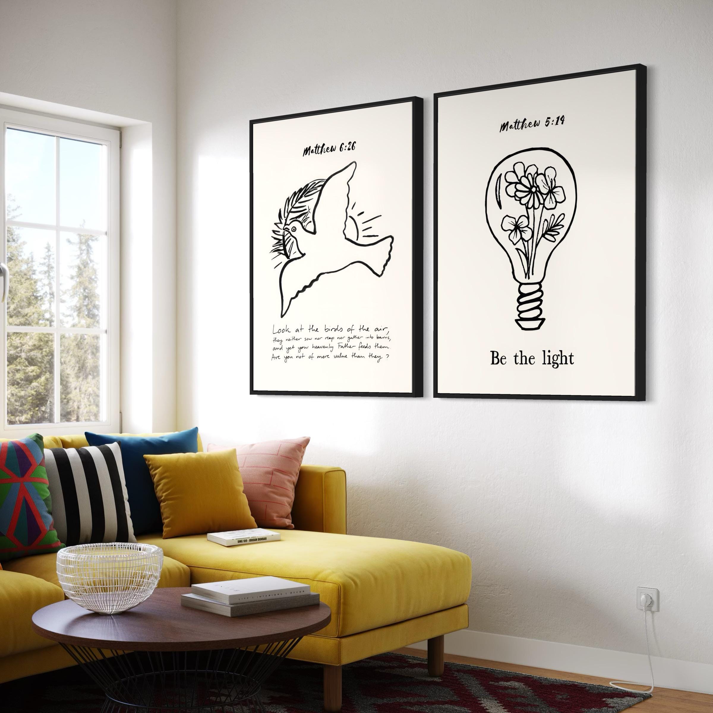Christian Set of 2 | Be the Light, Look at the Birds | Matthew 5:19 & 6:26 Poster Prints | Canvas Wall Art