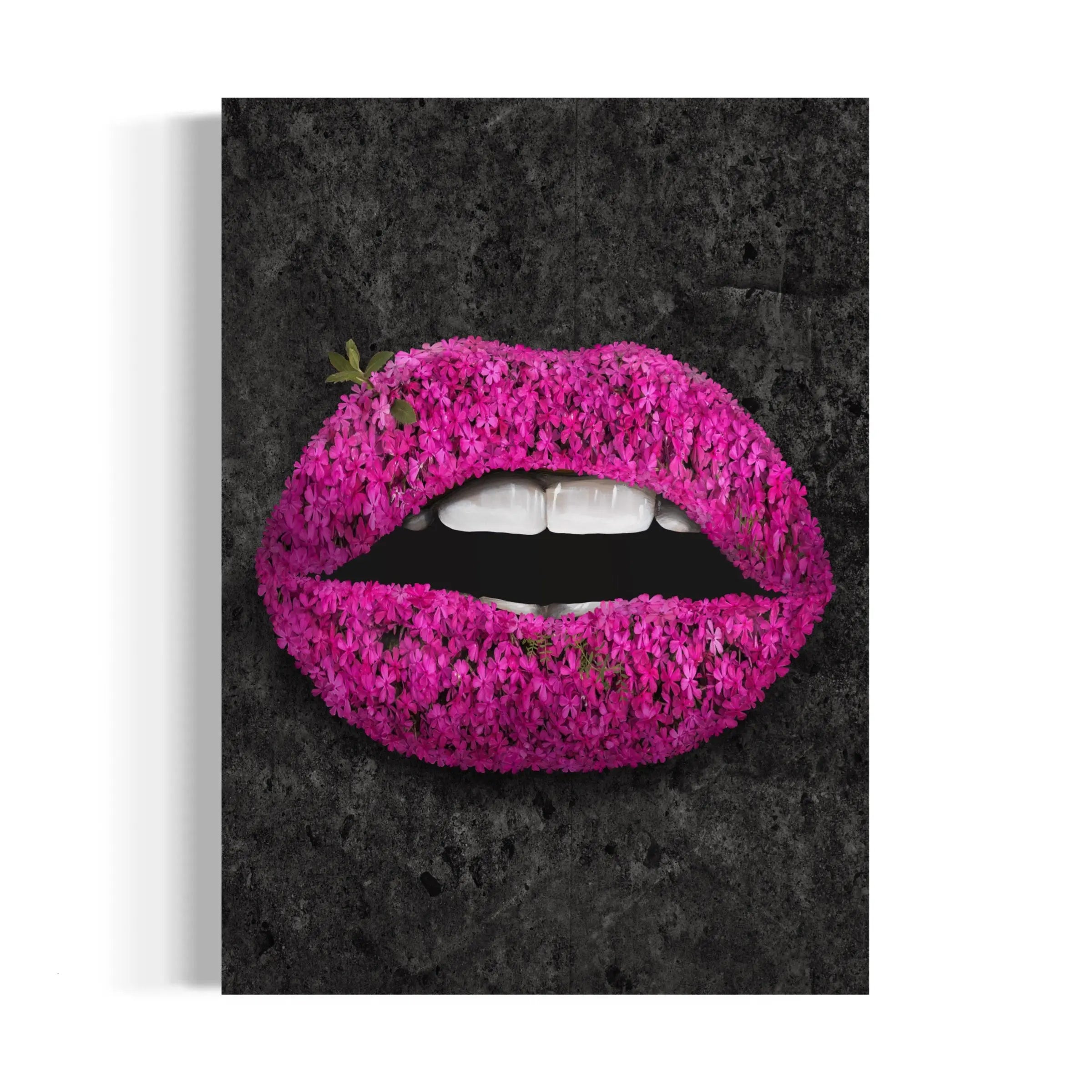 a picture of a woman's lips covered in pink flowers