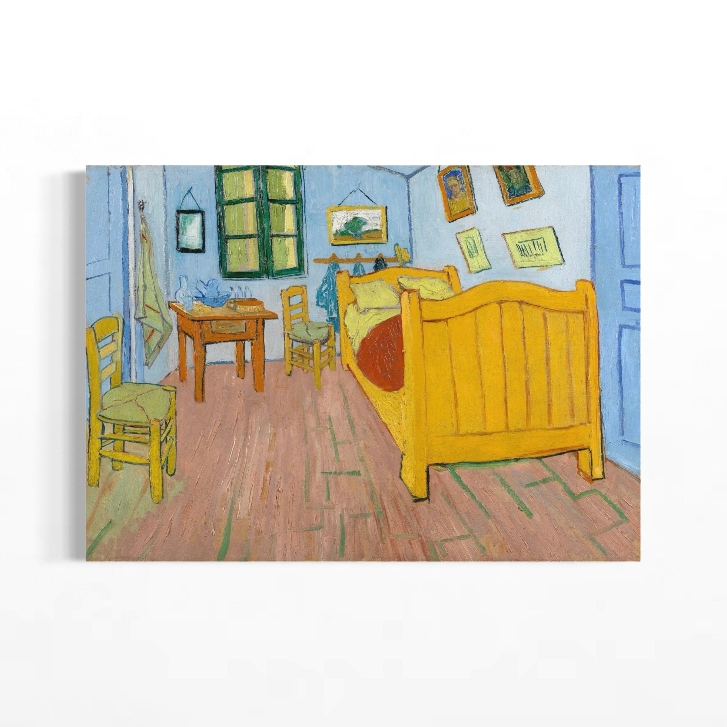 The image is a painting depicting a bedroom scene with a yellow bed, wooden furniture, and a window.