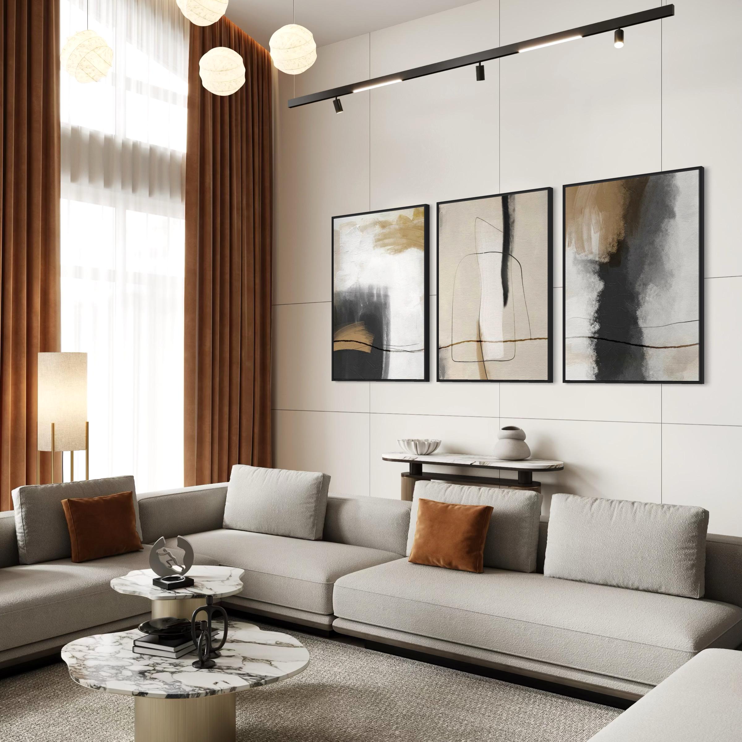 Set of 3 Abstract Canvas Wall Art | Grunge Poster Prints Stroke Effect Tan Gray Neutral Organic