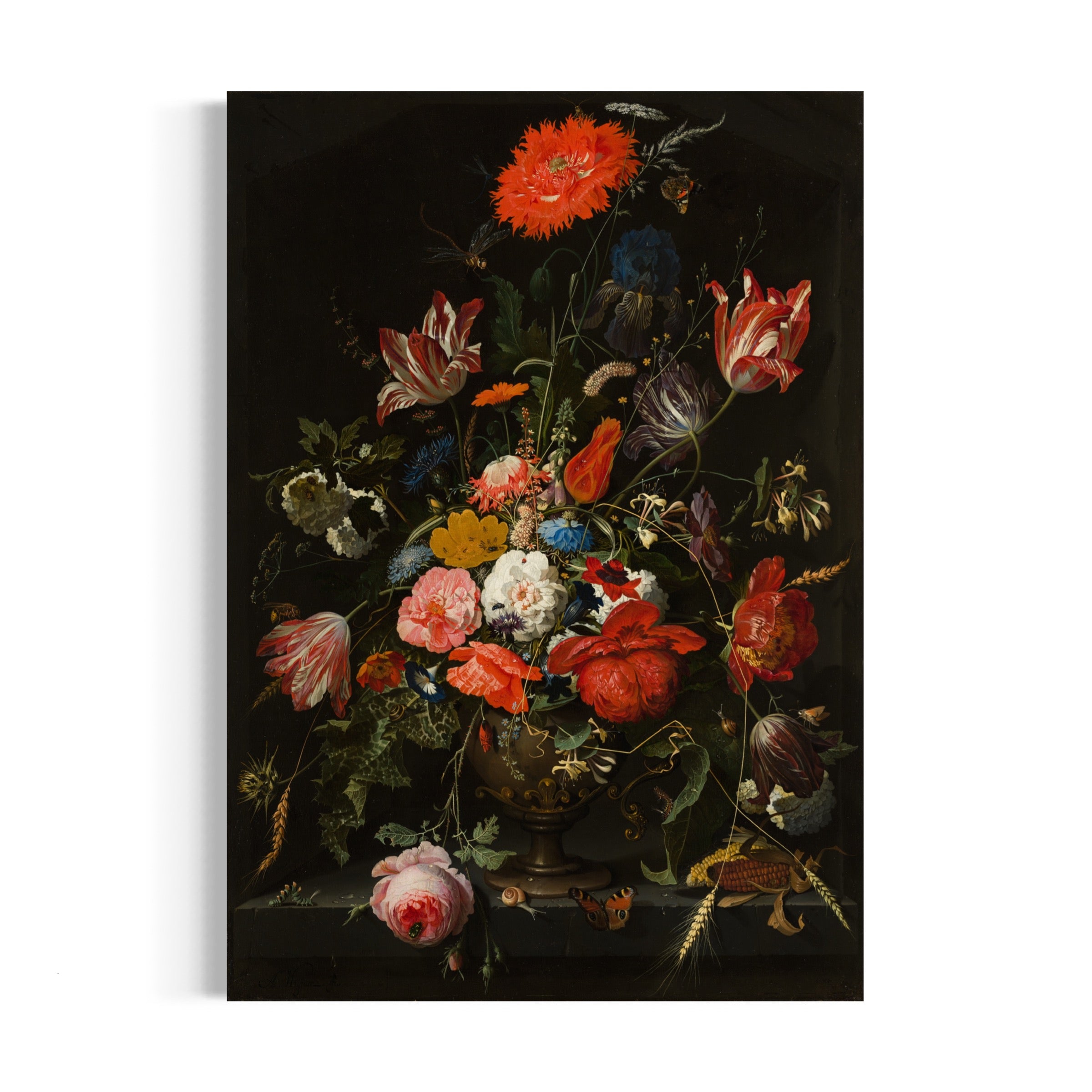 a painting of flowers in a vase on a table