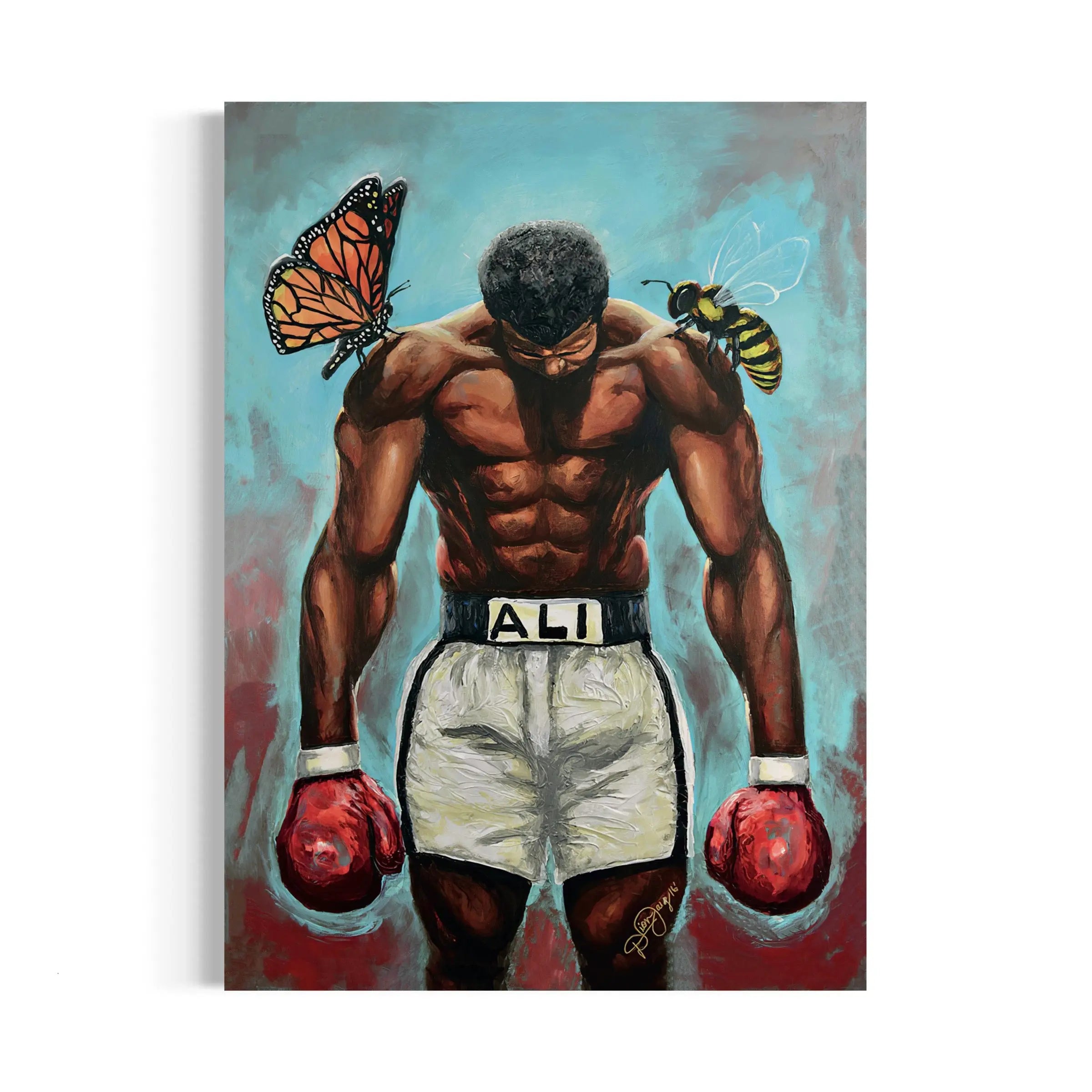 a painting of a boxer with a butterfly on his back