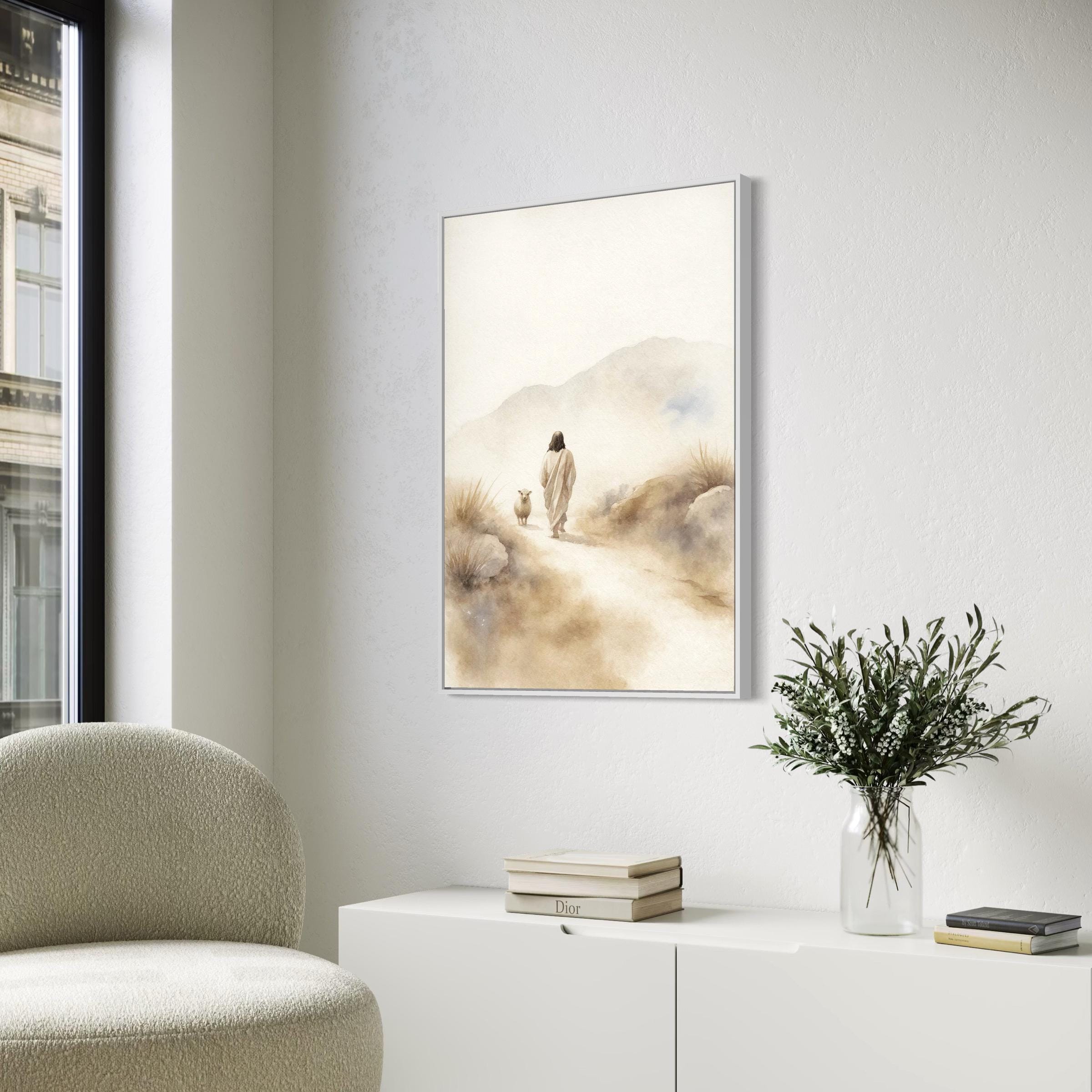 Jesus & Sheep Wall Art Canvas | Minimalist Christian Poster Print | Pastoral Abstract Landscape