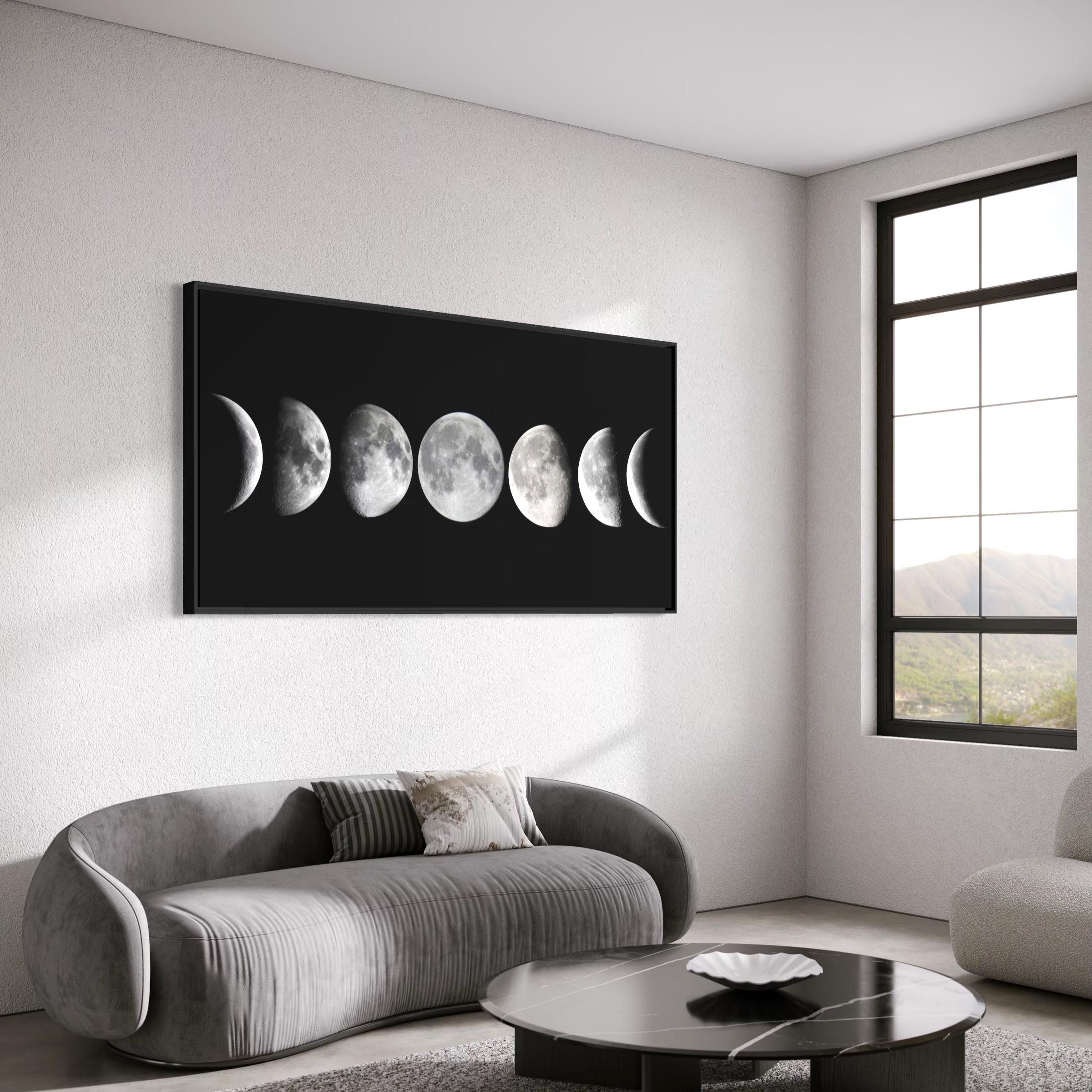 Lunar Phases Cycle | Black Minimalist Moon Astronomy Wall Art Canvas | Space Art Poster Print
