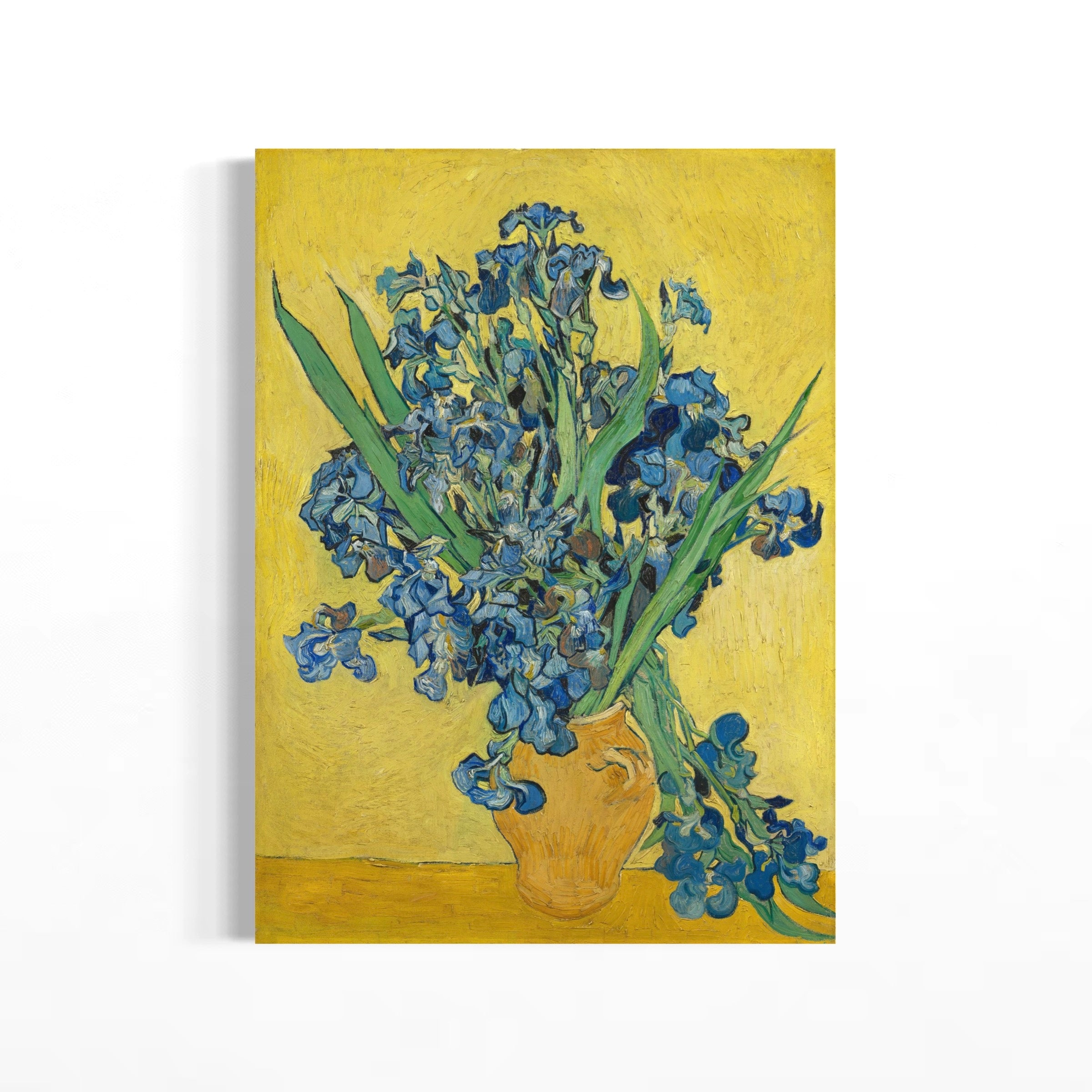 The image is a painting of a vase filled with blue irises against a yellow background.