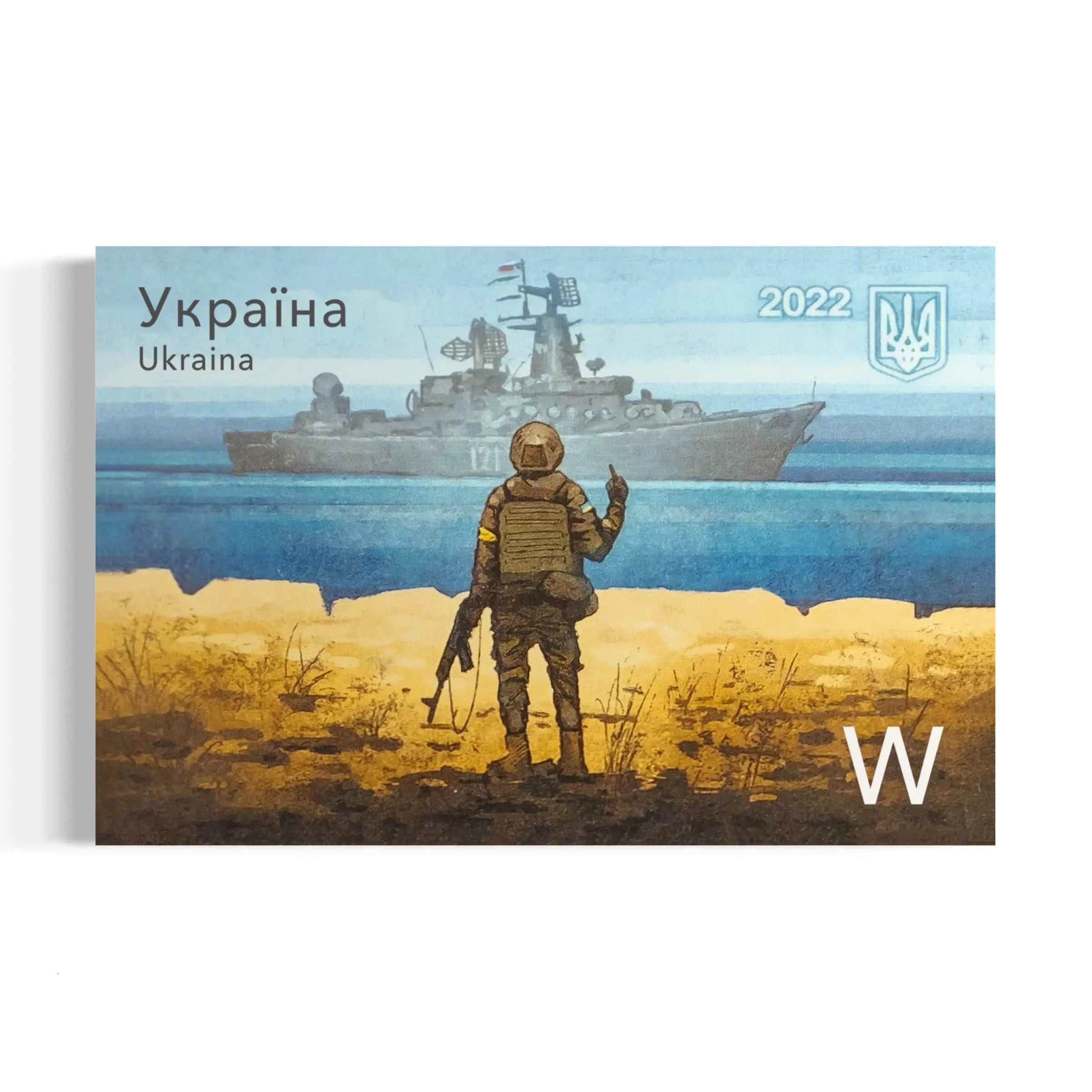 a stamp with a picture of a man standing in front of a ship