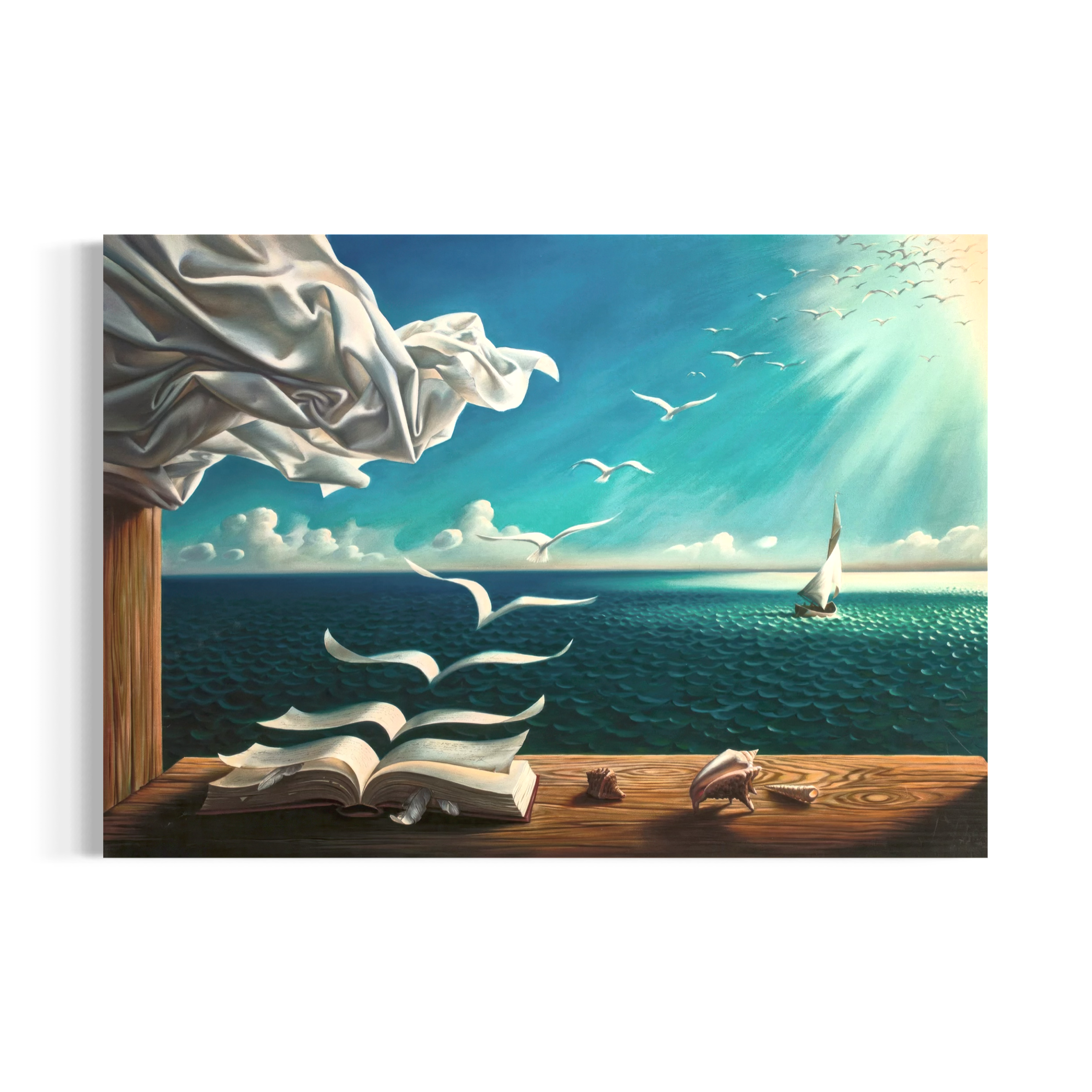 The image is a painting depicting a serene scene with a sailboat on the ocean, a flock of birds flying overhead, and an open book on a wooden surface.