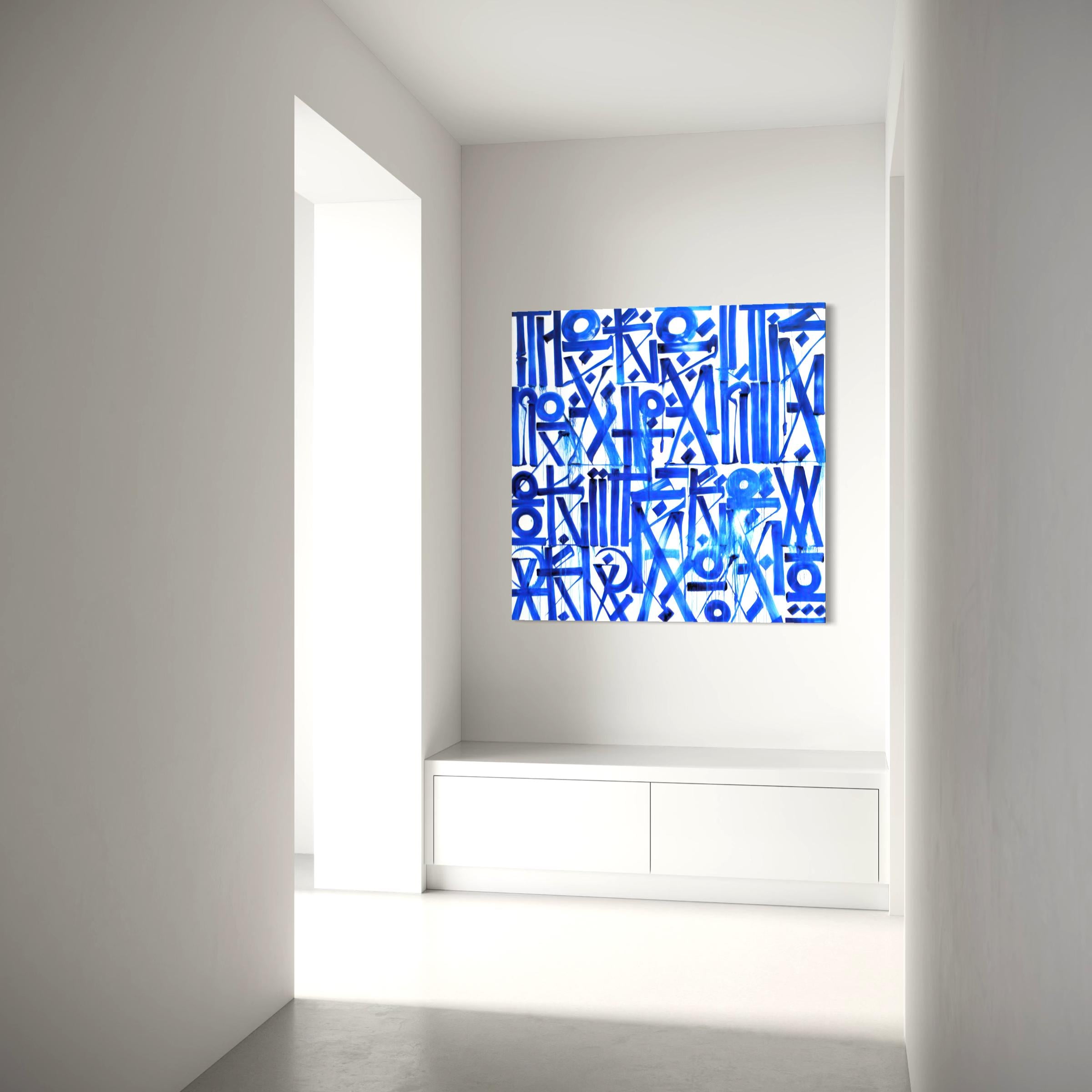 Blue Abstract Calligraphy Canvas Wall Art | Modern Typography Minimalist Poster Print