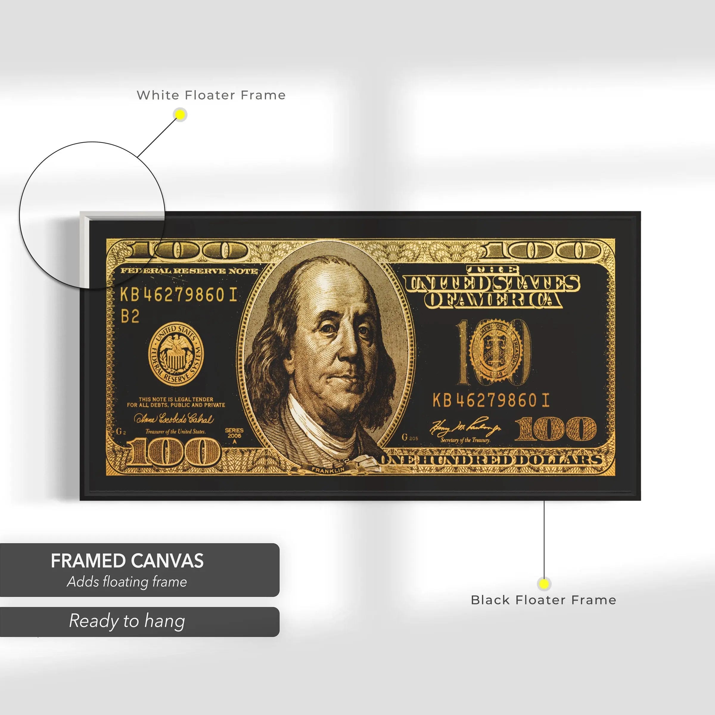 100 Dollar Bill 'Benjamin Gold Standard' Canvas Wall Art | Poster Print Canvastoria