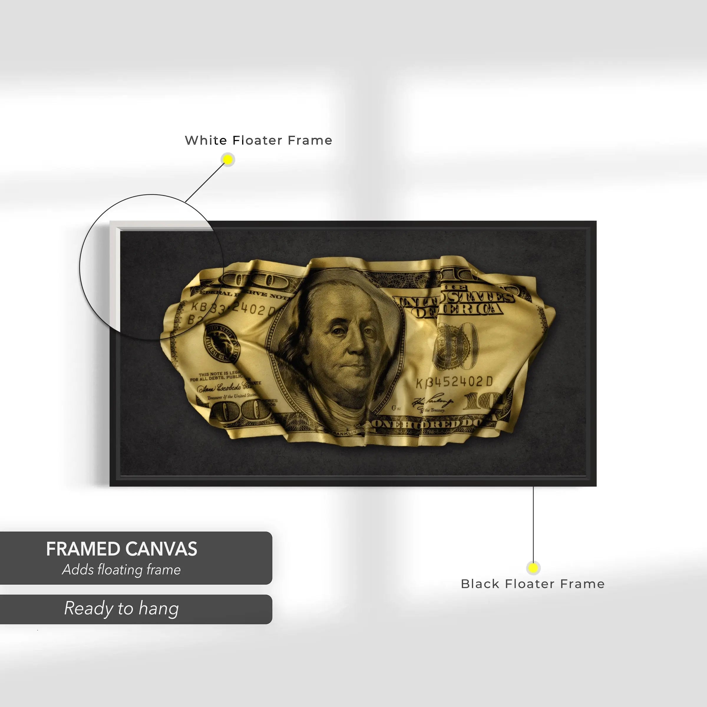 Crumpled 100 Gold Dollar Bill Canvas Art | Poster Print Canvastoria