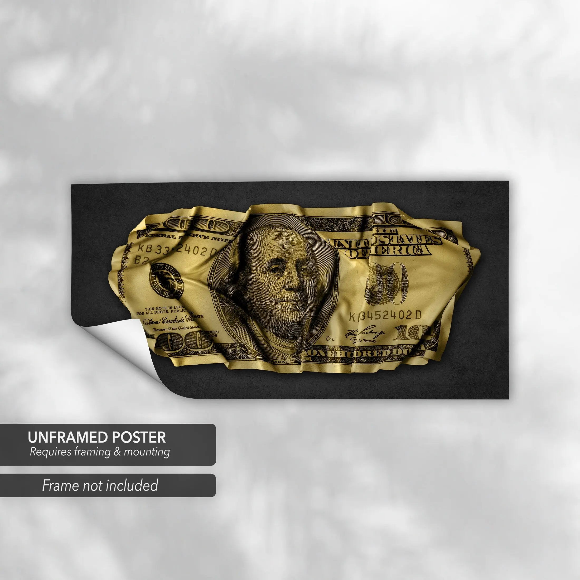 Crumpled 100 Gold Dollar Bill Canvas Art | Poster Print Canvastoria